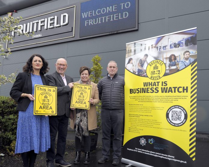 Pictured at the launch of the Business Watch Initiative is Annette Blaney, PCSP Project Co-Ordinator, Gilbert Lee, Vice Chair of PCS, Lisa Sherman Crime Prevention Officer and Philip Woods, Business Owner.