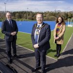 Lord Mayor of Armagh City, Banbridge and Craigavon Borough, Councillor Paul Greenfield is joined by Roger Wilson, CEO Armagh City, Banbridge and Craigavon Borough Council and Sorcha Mullholland, Education Authority Locality Manager for South West to inspect the new facilities at Ferris Park, Dromore.