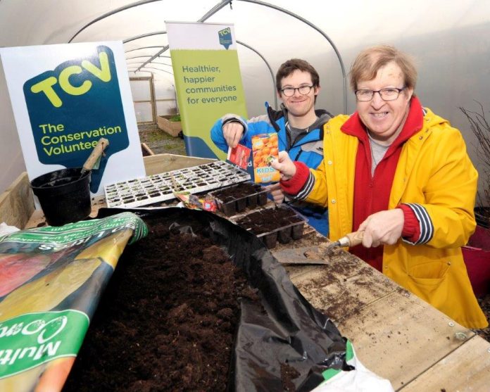Participants on the Green Gym Project pictured potting seeds in Edenvilla Park’s polytunnel.