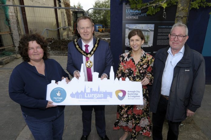 The first phase of the £7 million Lurgan Townscape Heritage Scheme got going in May as £3 million renovation works to four historic properties at 3 & 5 Market Street, 47 High Street and 38 North Street began. Pictured (L-R) at 3 & 5 Market Street, Lurgan is Louise McKinstry (Lurgan Townscape Heritage Partnership Chair), Lord Mayor of Armagh City, Banbridge and Craigavon, Councillor Paul Greenfield, Charlene Stoops (Deputy Chief Executive, ABC Council) and Michael Lavery (Lurgan Townscape Heritage Partnership Vice-Chair).