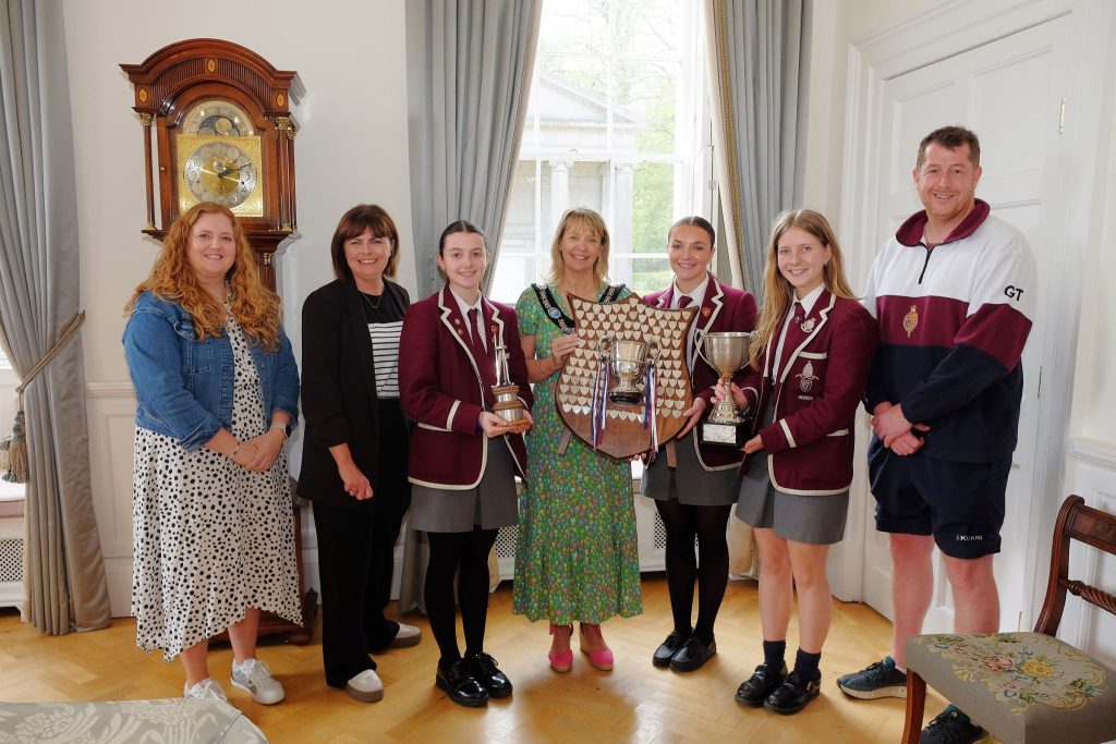Lord Mayor of Armagh Margaret Tinsley hosts a Reception for Royal School Armagh Hockey Team Lord Mayor Margaret Tinsley and Cllr Julie Flaherty with Royal School Armagh Hockey manager Sarah Welshman, joint captain Ellie Stevenson, joint captain Annie Cunningham, vice captain Beth Monaghan and coach Greg Thompson