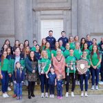 Deputy Lord Mayor, Cllr Sorcha McGeown alongside Granemore Camogie Ladies who won the Senior Club Championship, the Ulster Junior A Championship and the All-Ireland Junior Championship last season. Also pictured is Cllr Brona Haughey.