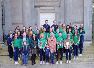Deputy Lord Mayor, Cllr Sorcha McGeown alongside Granemore Camogie Ladies who won the Senior Club Championship, the Ulster Junior A Championship and the All-Ireland Junior Championship last season. Also pictured is Cllr Brona Haughey.