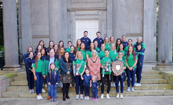 Deputy Lord Mayor, Cllr Sorcha McGeown alongside Granemore Camogie Ladies who won the Senior Club Championship, the Ulster Junior A Championship and the All-Ireland Junior Championship last season. Also pictured is Cllr Brona Haughey.