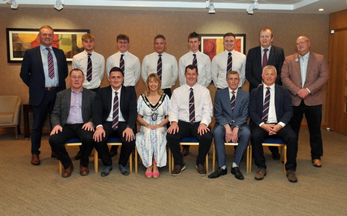 Lord Mayor of Armagh City, Banbridge and Craigavon, Alderman Margaret Tinsley hosted a Civic Reception for Waringstown Cricket Club 1st X1 and club officials to celebrate a fantastic 2023 season whereby the 1st XI team won the Gallagher Challenge Cup and the Lagan Valley Steels T20 Championship. Included are, Councillors, Kyle Savage, Tim McClelland and Peter Haire.