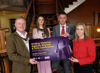 Lord Mayor Councillor Sarah Duffy and Deputy Lord Mayor Councillor Kyle Savage launch It’s In Your Hands conference to support Ending Violence Against Women & Girls. Pictured along with Gary Scott, Safeguarding Officer and Alison Beattie from the Community Development Team.