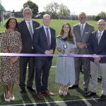 John Donnelly from the Education Authority, Katy Feeney, Principal of Banbridge High School and Gavin Boyd, Chair of Sport NI join the Lord Mayor of ABC Borough Cllr Sarah Duffy, Communities Minister Gordon Lyons and ABC Council Chief Executive Roger Wilson at the official opening of the new 3G sports pitch and pavilion.
