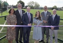 John Donnelly from the Education Authority, Katy Feeney, Principal of Banbridge High School and Gavin Boyd, Chair of Sport NI join the Lord Mayor of ABC Borough Cllr Sarah Duffy, Communities Minister Gordon Lyons and ABC Council Chief Executive Roger Wilson at the official opening of the new 3G sports pitch and pavilion.