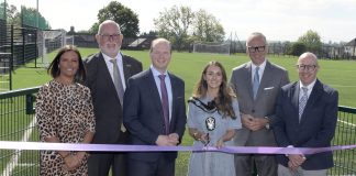 John Donnelly from the Education Authority, Katy Feeney, Principal of Banbridge High School and Gavin Boyd, Chair of Sport NI join the Lord Mayor of ABC Borough Cllr Sarah Duffy, Communities Minister Gordon Lyons and ABC Council Chief Executive Roger Wilson at the official opening of the new 3G sports pitch and pavilion.