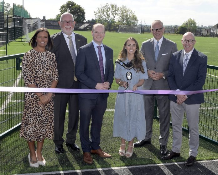 002 ©EBP BHS 3G PITCH_EB55181 John Donnelly from the Education Authority, Katy Feeney, Principal of Banbridge High School and Gavin Boyd, Chair of Sport NI join the Lord Mayor of ABC Borough Cllr Sarah Duffy, Communities Minister Gordon Lyons and ABC Council Chief Executive Roger Wilson at the official opening of the new 3G sports pitch and pavilion.