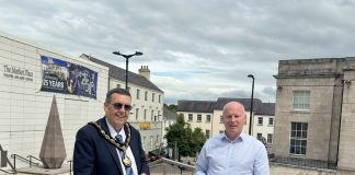 Lord Mayor of Armagh City, Banbridge and Craigavon Borough, Alderman Stephen Moutray, and Armagh Chamber Chair, Art O’Hagan, at the Market Place Theatre, Armagh.