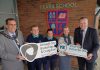 A group of people standing outside Ceara School holding ABC Council logo and Young Enterprise NI logo.
