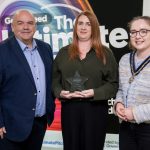 Holistic skincare range secures ‘The Ultimate Pitch’ Winner of The Ultimate Pitch regional heat, Margaret McKee, with Deputy Lord Mayor Councillor Jessica Johnston and Ciaran Cunningham from Banbridge District Enterprises.