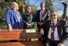 Lord Mayor of ABC Borough, Alderman Stephen Moutray was joined by Deputy Mayor, Councillor Jessica Johnston, Alderman Gordon Kennedy and Councillor Mary O’Dowd for the unveiling of the memorial bench at the Palace Gardens in Armagh.
