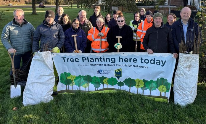 Corcrain Tree Planting (1) Staff and volunteers from Armagh City, Banbridge and Craigavon (ABC) Borough Council, NIE Networks, The Conservation Volunteers (TCV) were joined by members of the local community and Cllr Lavelle McIlrath at the tree planting event.