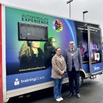 Autism Reality Experience bus visits the ABC borough The Lord Mayor and a lady standing in front of the autism reality experience bus.