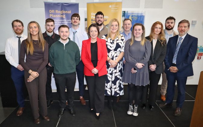 Infrastructure Minister Liz Kimmins and Chris Corken, Head of School of Science, Engineering and Construction at Belfast Metropolitan College, welcome eleven new trainee planners at a recent event marking the start of their apprenticeships