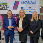 €19.2 million cross-border peatland restoration project launched Cllr Jessica Johnston, Deputy Mayor of Armagh City, Banbridge & Craigavon Borough Council, Minister of Agriculture, Environment and Rural Affairs Andrew Muir, SEUPB Chief Executive Gina McIntyre, Ulster Wildlife Chief Executive Dawn Miskelly and Jim McGreevey from Peatland Heritage at the launch of the PEAT+ project, at the Lough Neagh Discovery Centre. Picture by Jonny Campbell