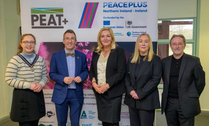 Cllr Jessica Johnston, Deputy Mayor of Armagh City, Banbridge & Craigavon Borough Council, Minister of Agriculture, Environment and Rural Affairs Andrew Muir, SEUPB Chief Executive Gina McIntyre, Ulster Wildlife Chief Executive Dawn Miskelly and Jim McGreevey from Peatland Heritage at the launch of the PEAT+ project, at the Lough Neagh Discovery Centre. Picture by Jonny Campbell