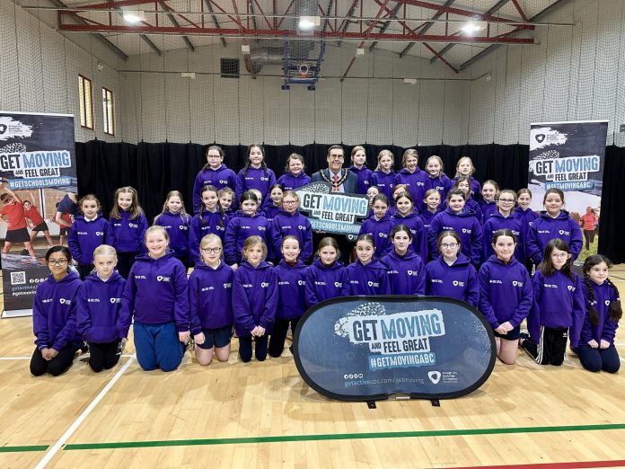 Girls Active 1 Lord Mayor standing with over 40 primary school girls at the Girls Active Inspiration Day.
