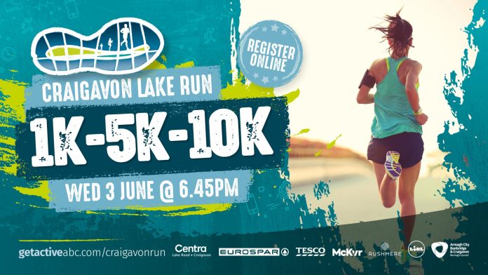 5674.-GETACTIVEABC-LAKE-RUN-2026-PLASMA Poster advertising Craigavon Lake Run on Wednesday 3 June 2026