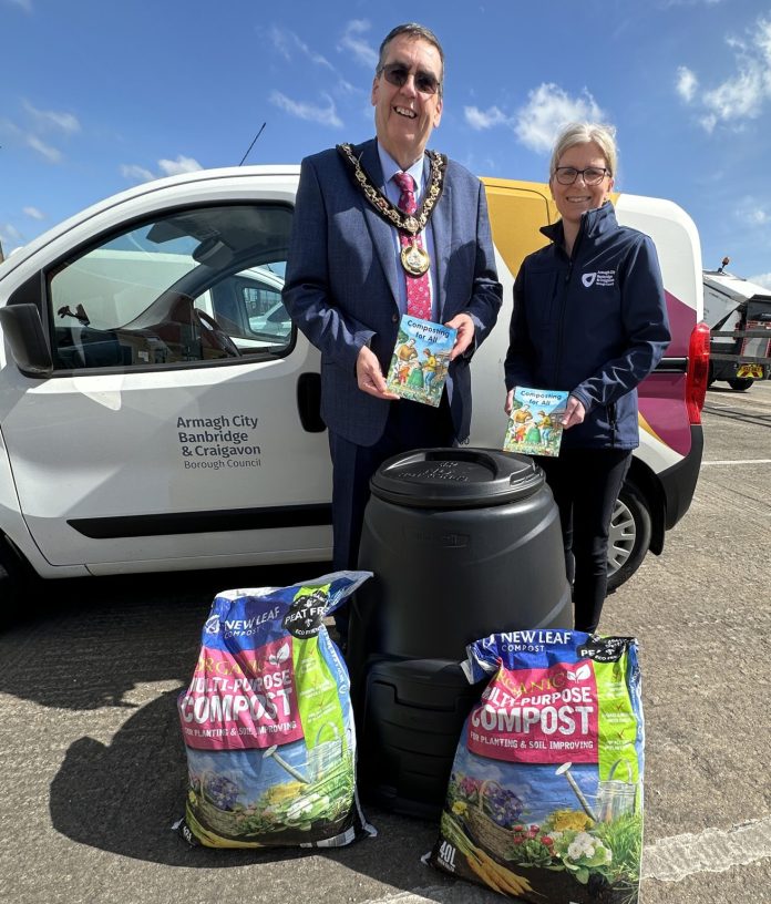 Compost Awareness Week 2026 Competition Lord Mayor, Ald Stephen Moutray and Caroline Magill, Environmental Education Officer launch the competition for the compost pack.