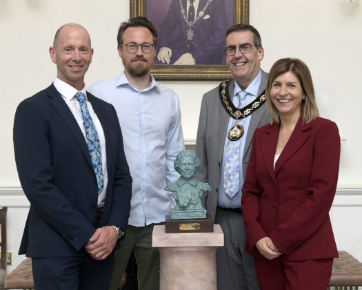 Interim Chief Executive Charlene Stoops and Director of Environmental Services and Sustainability Jonathan Hayes join the Lord Mayor, Alderman Stephen Moutray, in congratulating sculptor Jethro Crabb on this important commission.