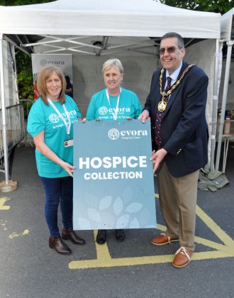 Lord Mayor, Alderman Stephen Moutray with Deirdre Breen and Denise Magee at the Evora Hospice Care stand at the Cars, Bikes and Coffee.
