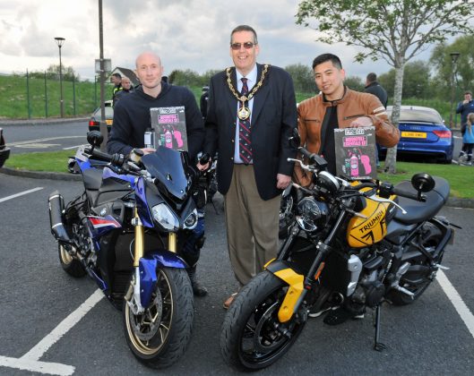 Lord Mayor, Alderman Stephen Moutray presents prizes in the motorcycle section, to Alex Smith, Portadown and Bryan Chan, Craigavon.