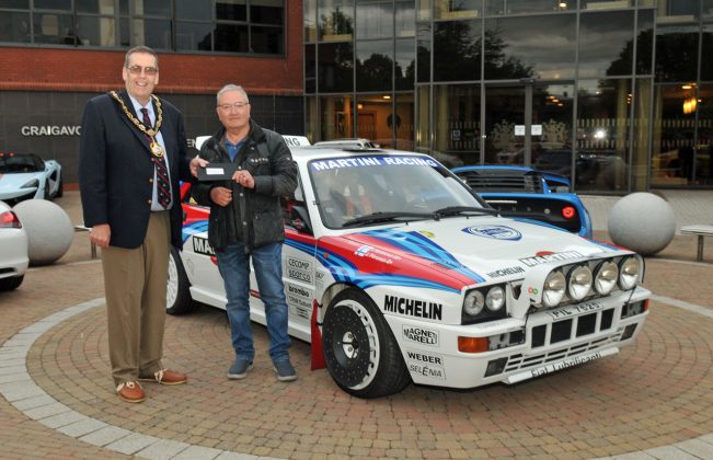 Lord Mayor, Alderman Stephen Moutray with Stuart Leathem, Dollingstown who displayed the Lancia Integrale Rally Car which he built more than 18 years ago.