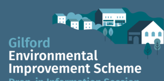 Graphic with text saying Gilford Environmental Improvement Scheme Drop-In Information Session