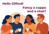 Illustration of 4 people chatting drinking coffee