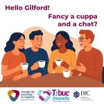 Drop in for a cuppa and a chat in Gilford Illustration of 4 people chatting drinking coffee