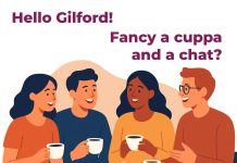 Drop in for a cuppa and a chat in Gilford Illustration of 4 people chatting drinking coffee
