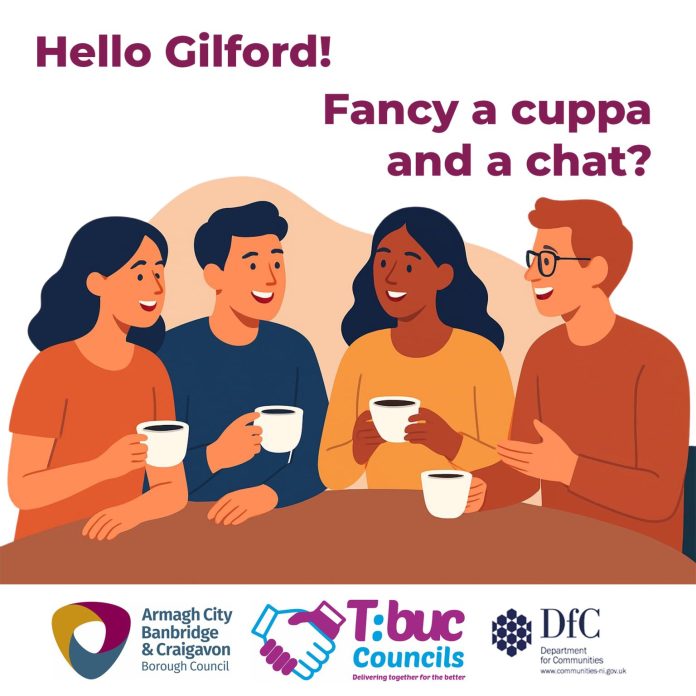 Hello Gilford Illustration of 4 people chatting drinking coffee