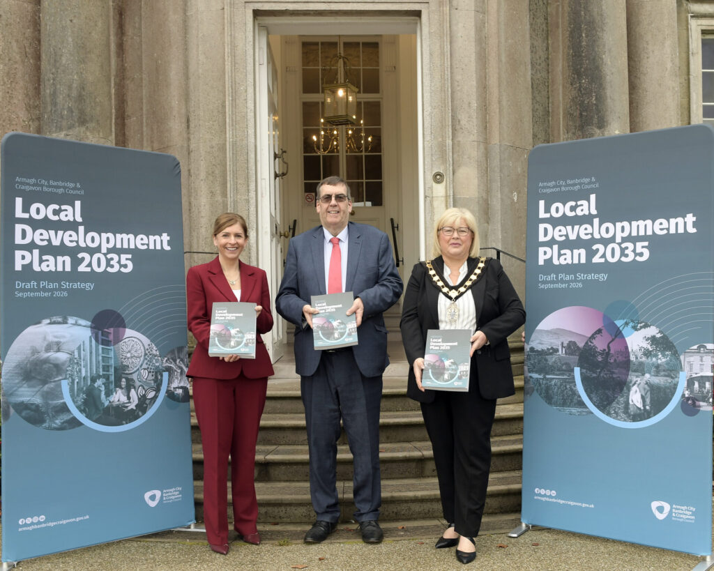 Lord Mayor Councillor Mary O'Dowd pictured with Interim Chief Executive Charlene Stoops and Chair of the Council's Planning and Regulatory Services Committee, Alderman Stephen Moutray, at the official launch of Armagh City, Banbridge and Craigavon Borough Council's Local Development Plan 2035 Draft Plan Strategy.