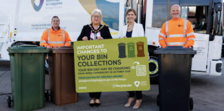 Important changes to bin collection days from week commencing 26 October : Lord Mayor of ABC Borough, Councillor Mary O’Dowd launches the Bin Changes campaign with Interim Chief Executive of ABC Borough Council, Charlene Stoops and John Barry and Jeff Vogan from Environmental Services, ABC Borough Council.
