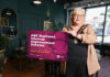 Lord Mayor standing in a shop holding a board that says ABC Business Internal Improvement Scheme